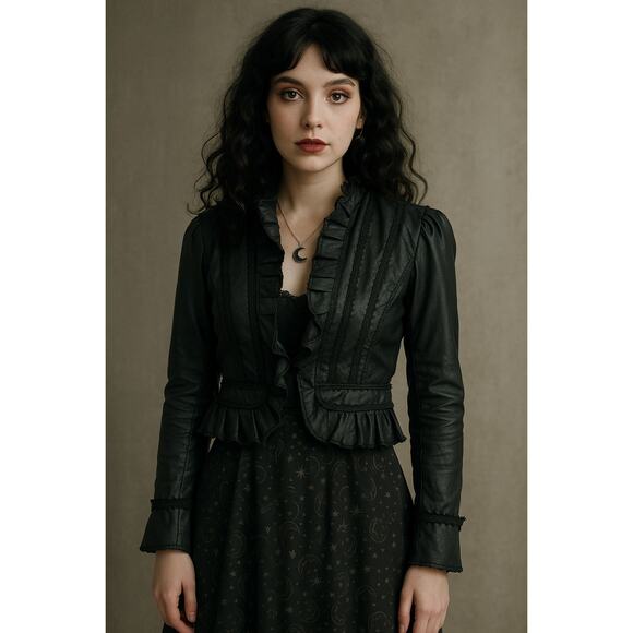 Vintage Moda Int Womens S Leather Jacket Black Cropped Regency Goth Whimsigoth - Picture 1 of 15